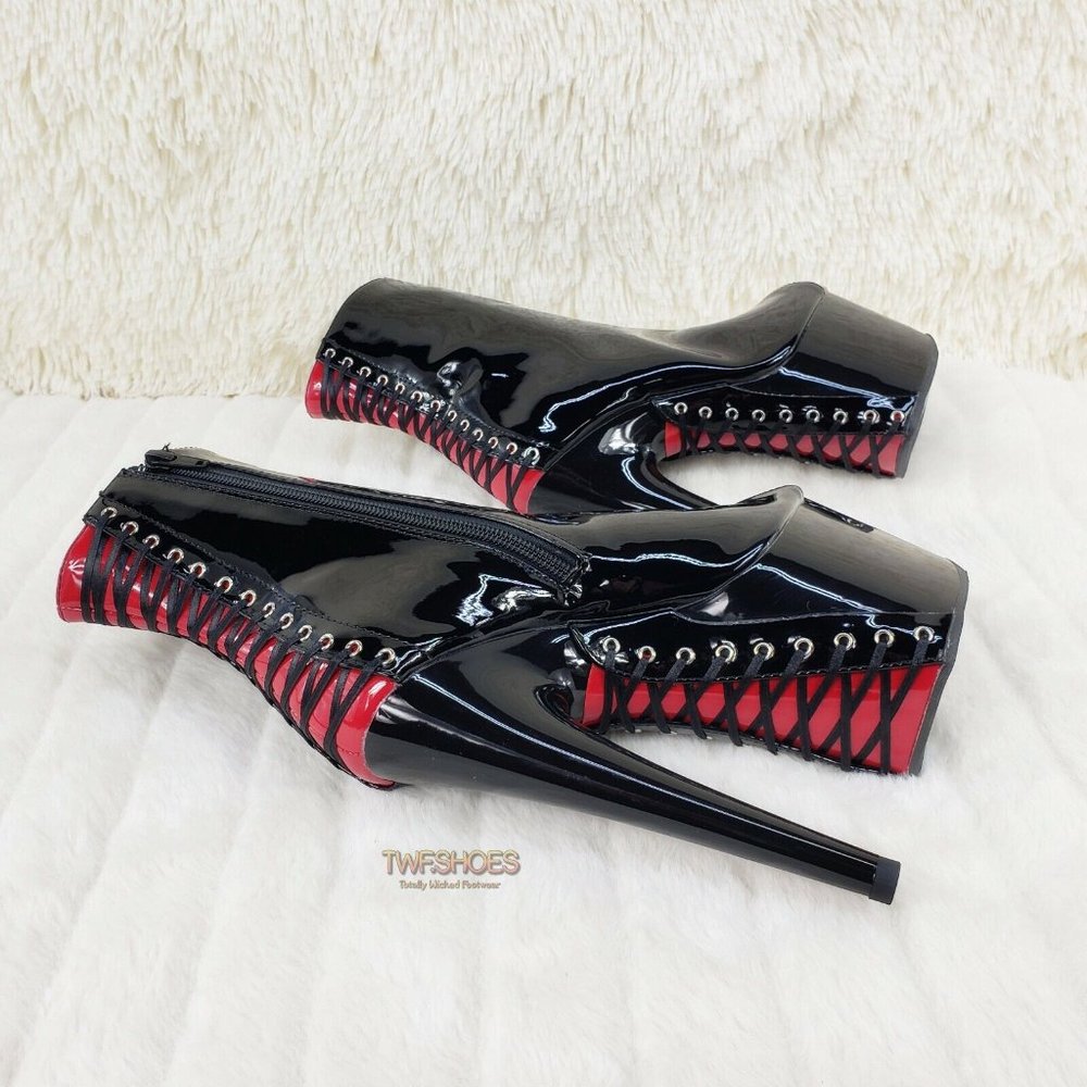 Size 6 Adore 1025 Corset Ankle Boots 7" High Heel Shoe Black Red Patent